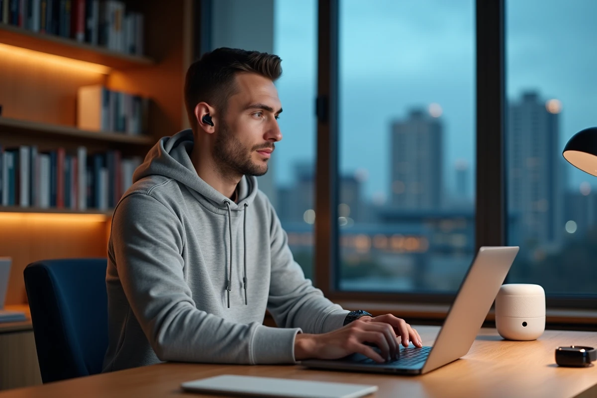 Homme entouré de gadgets high-tech sur un bureau à domicile, tendances technologie et maison connectée 2024