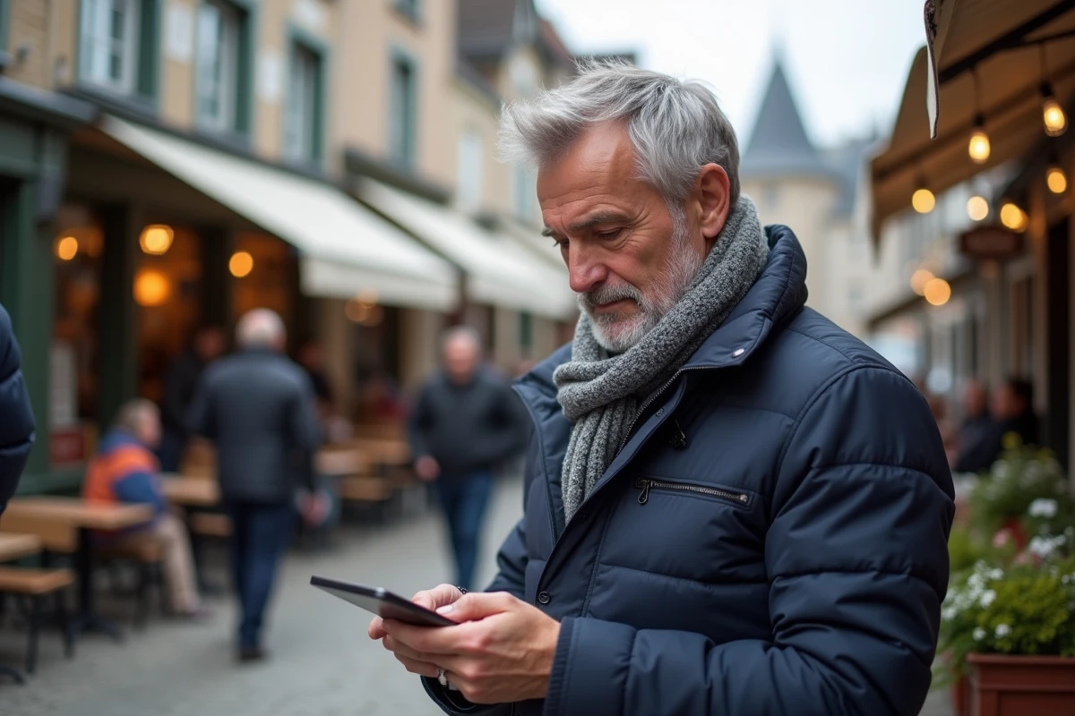 Homme d age moyen regardant son smartphone dans un cafe normand en plein air
