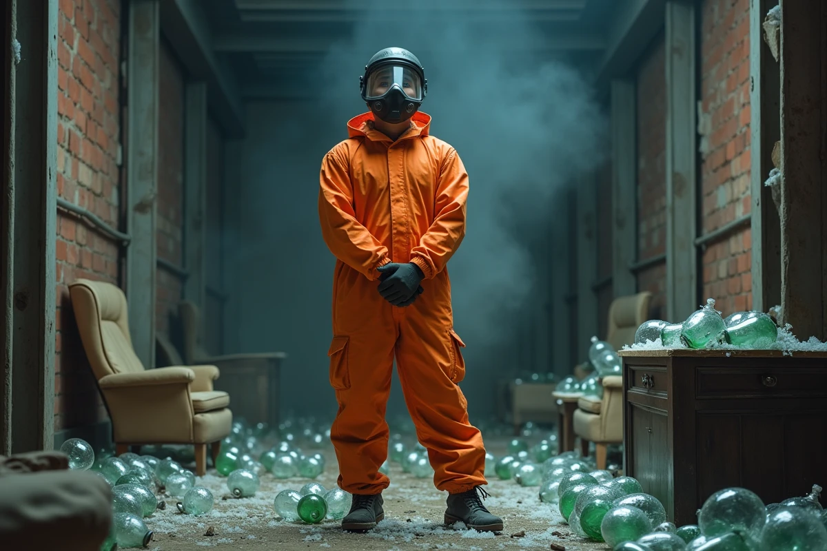 Homme en combinaison de protection dans une salle de fury avec des débris