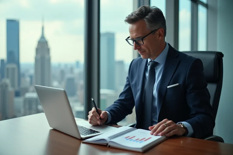 Homme d'affaires en costume bleu analysant des graphiques financiers