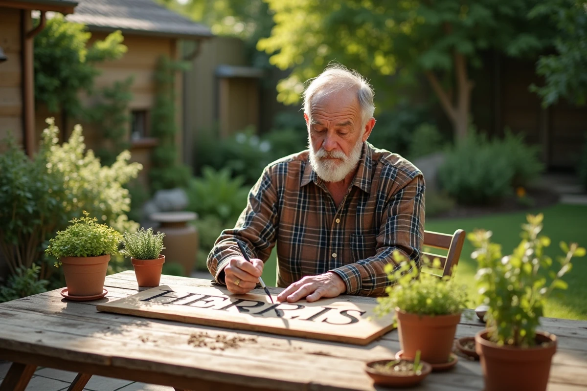 Homme âgé peignant une planche en extérieur avec des herbes