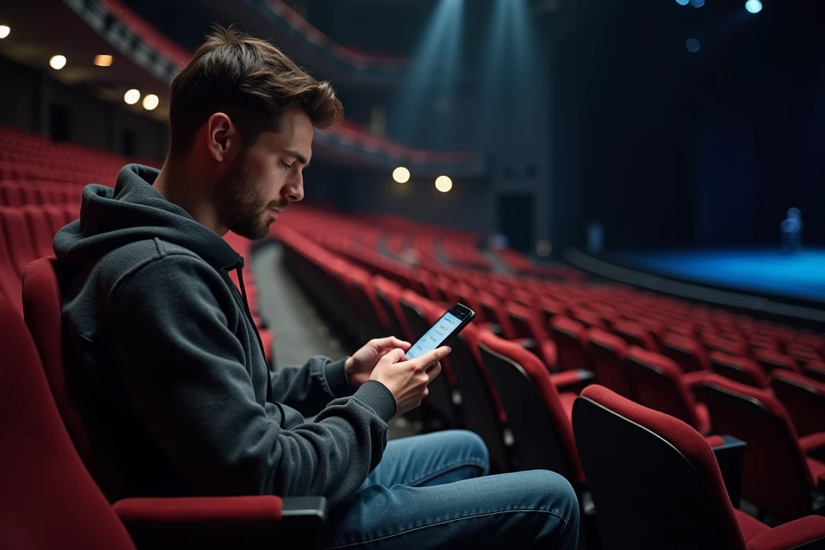 Homme consultant le plan du Zénith de Nantes sur son téléphone depuis un siège de la salle