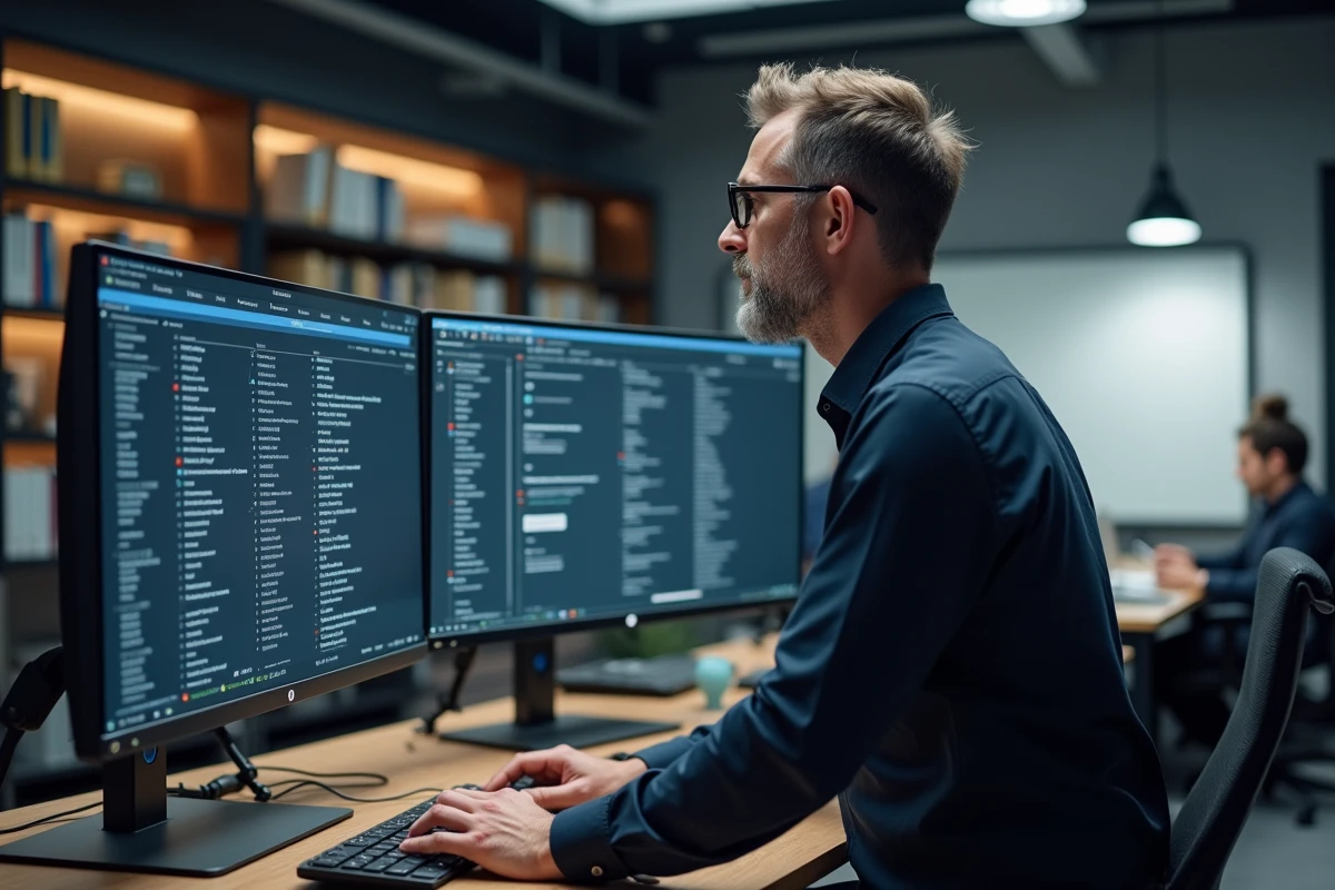 Homme professionnel gérant plusieurs flux d'actualités sur double écran dans un bureau moderne