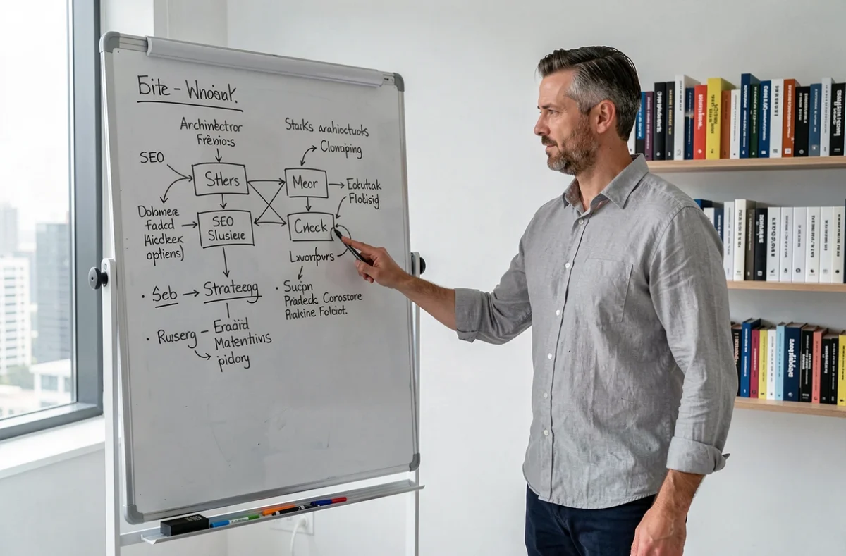 Homme présentant une stratégie SEO sur un tableau blanc avec architecture de site et mots-clés