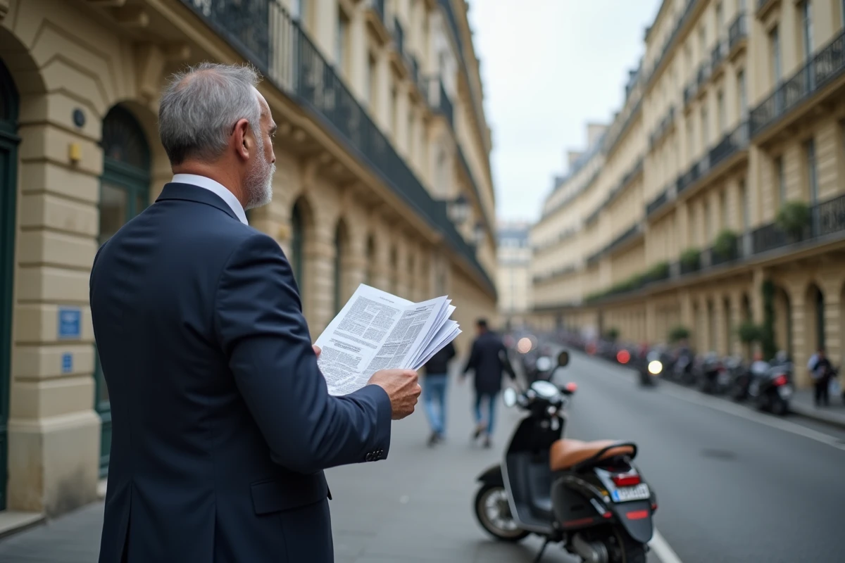Homme regarde des annonces immobilières dans une rue parisienne
