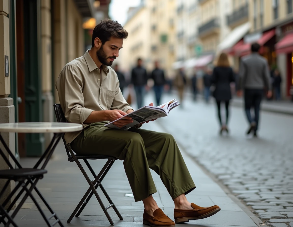 Homme en tenue décontractée tendance printemps 2024 attablé à la terrasse d'un café parisien