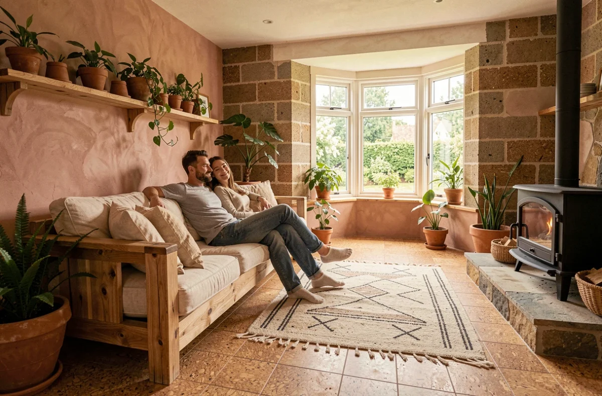 Intérieur d'une maison écologique avec sol en liège, mur en plâtre d'argile et couple profitant d'un espace de vie naturel