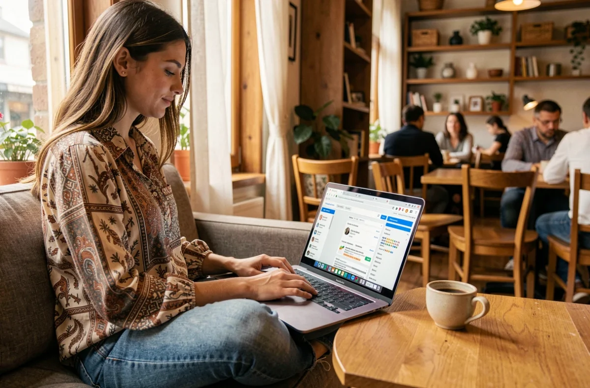 Jeune femme travaillant sur un audit SEO avec son ordinateur portable dans un café chaleureux