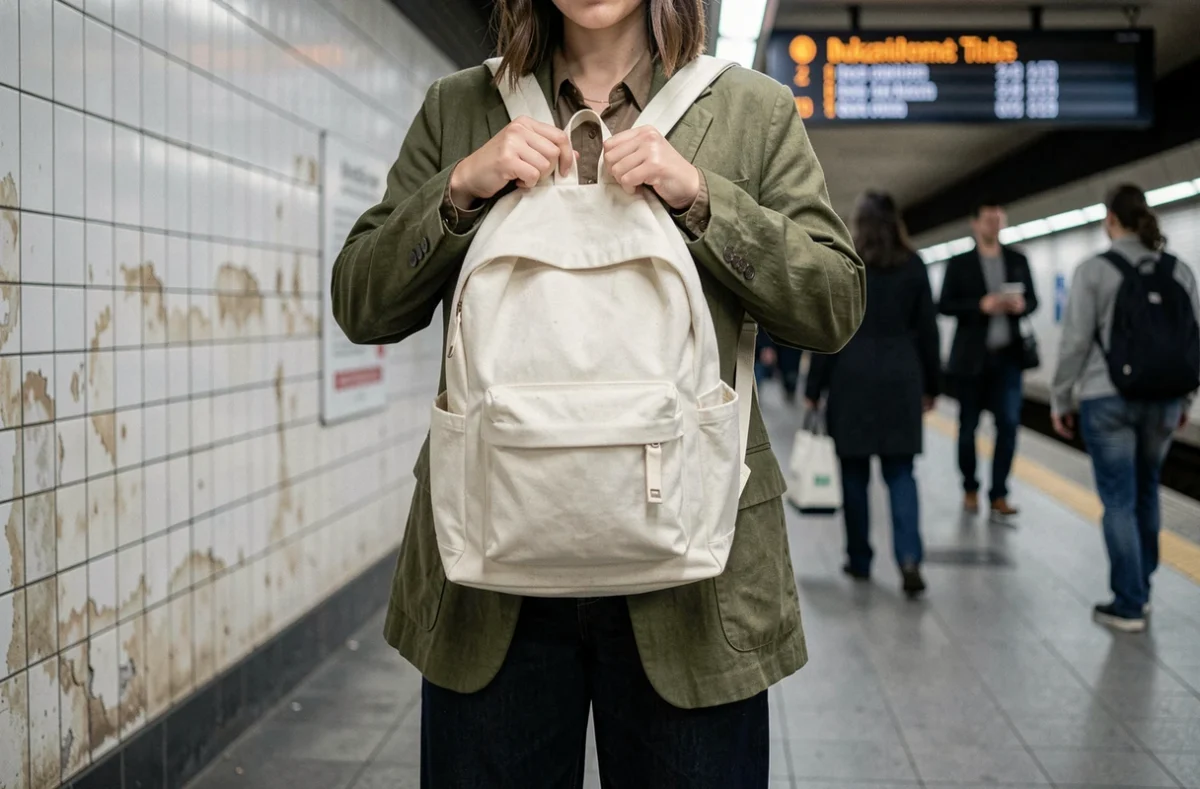 Jeune femme urbaine avec sac à dos en toile minimaliste sur un quai de métro parisien