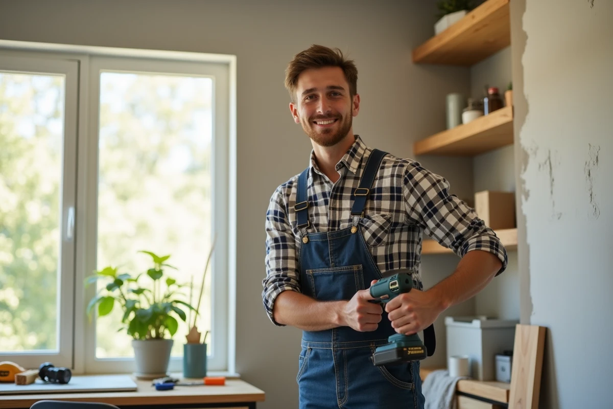 Jeune homme installant des étagères dans un bureau lumineux