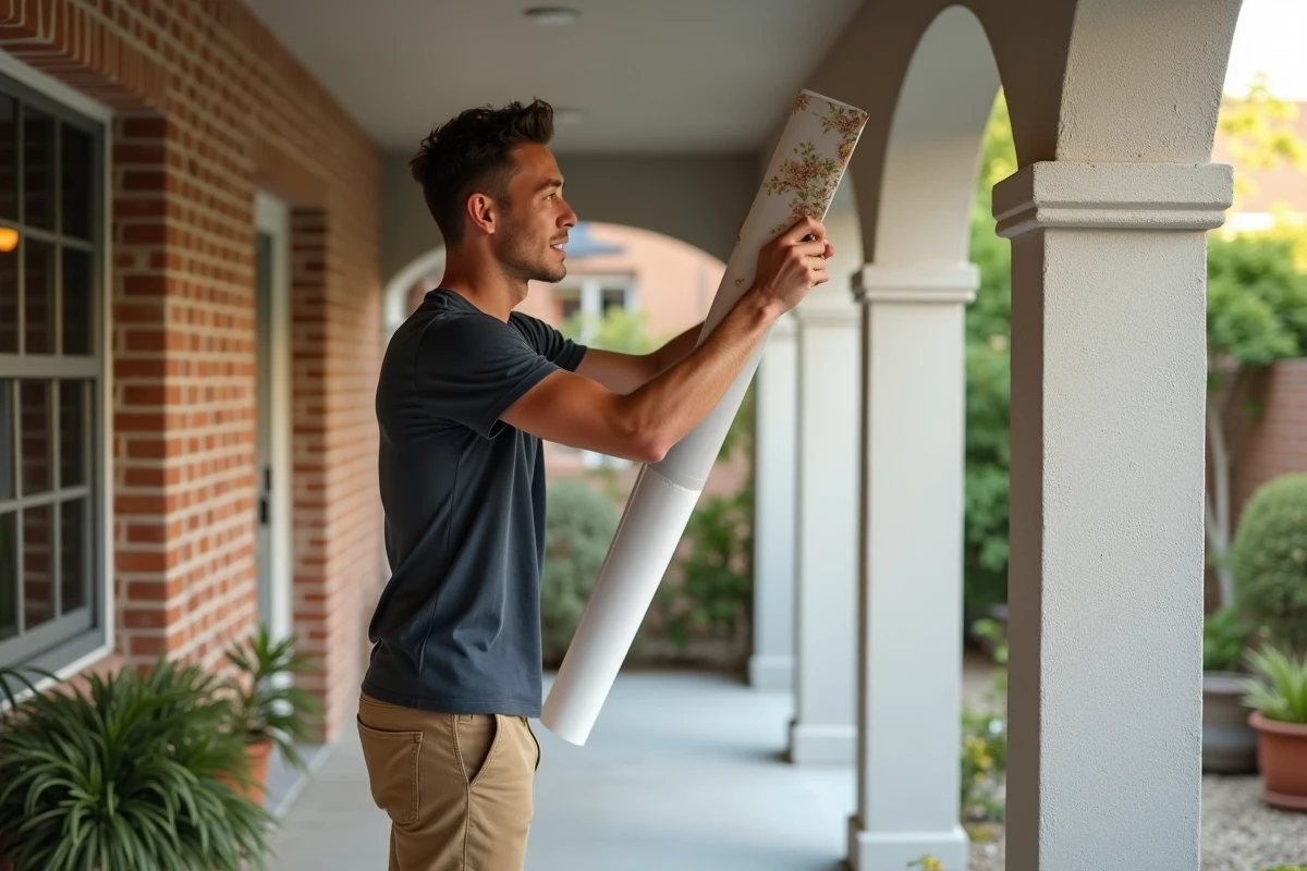 Jeune homme appliquant du papier adhésif sur une colonne en extérieur
