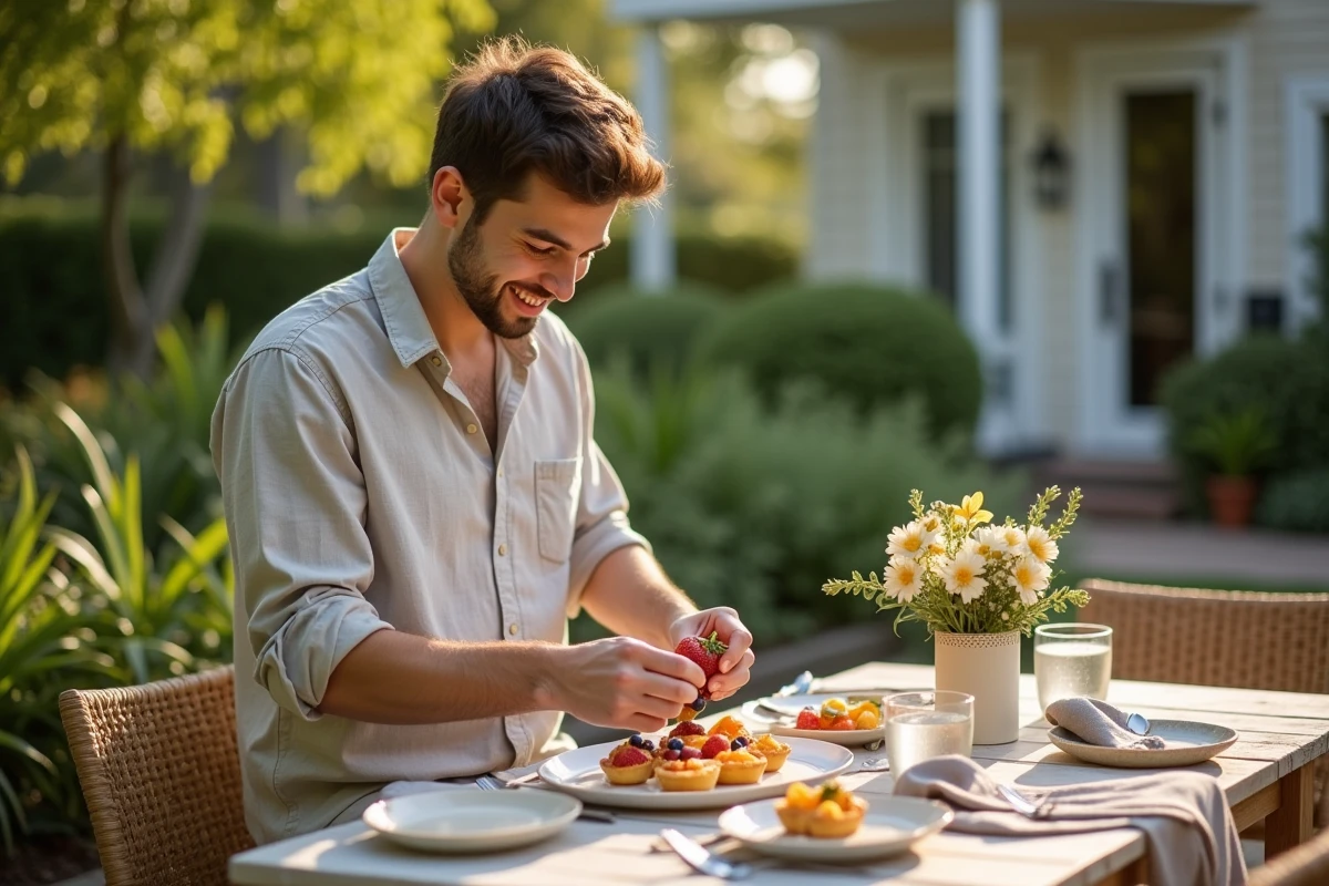 Jeune homme arrangeant une tarte aux fruits sur une table extérieure