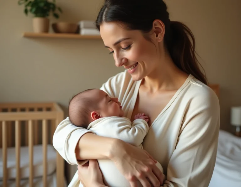 Jeune mère tenant son nouveau-né dans ses bras dans une chambre de bébé chaleureuse et apaisante
