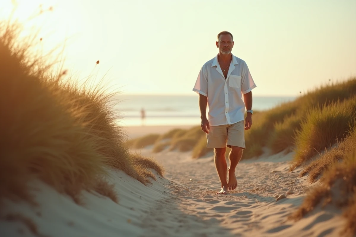 Homme marchant pieds nus sur un sentier côtier naturel au coucher du soleil pour se ressourcer et améliorer son bien-être mental