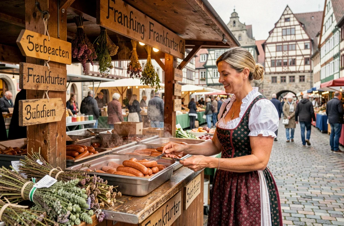 Vendeuse en costume traditionnel hessois proposant des saucisses de Francfort sur un marché historique en plein air dans la vieille ville de Francfort