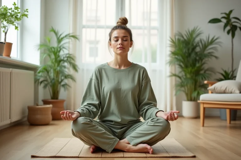Femme pratiquant la méditation en position assise dans un salon minimaliste avec des plantes vertes pour améliorer son bien-être au quotidien