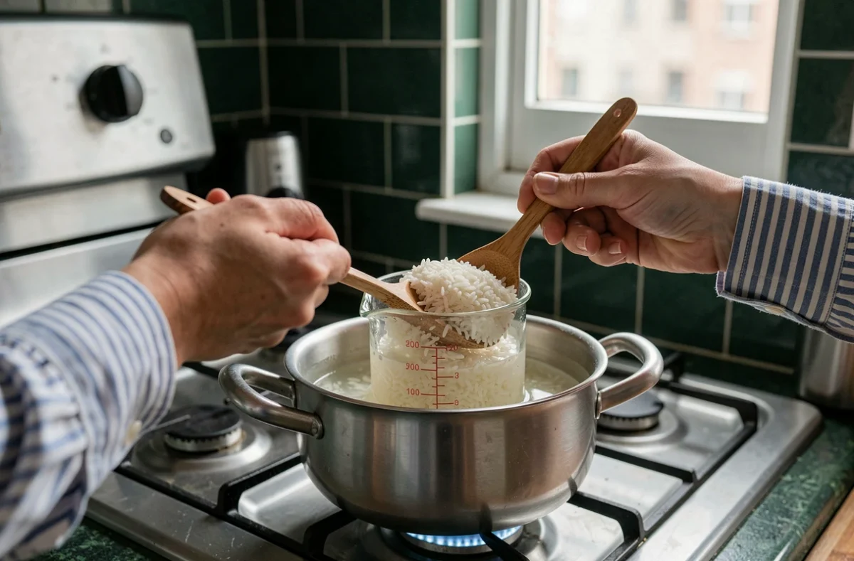 Mains rasant une tasse doseuse remplie de riz jasmin avec une cuillère en bois au-dessus d'une casserole sur une plaque de cuisson