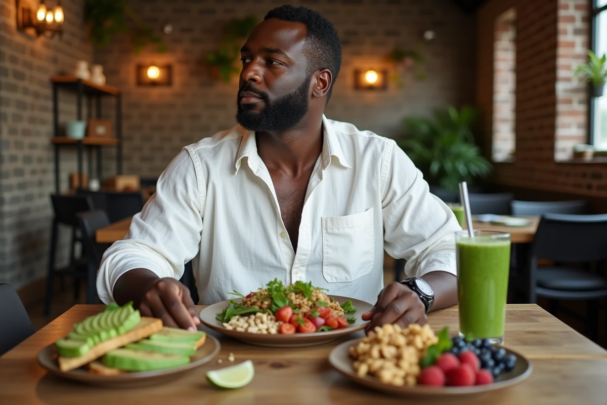 Ancien boxeur imposant attablé devant un repas végétalien complet dans un restaurant moderne, représentant la transition alimentaire vers une alimentation à base de plantes