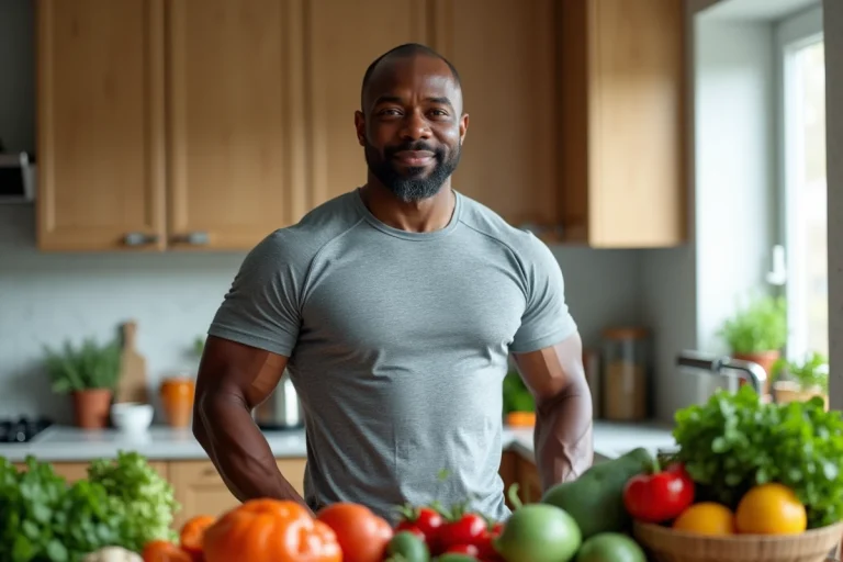 Homme musclé d'âge mûr dans une cuisine moderne entouré de fruits et légumes frais, illustrant un régime alimentaire végétalien chez un ancien sportif de haut niveau