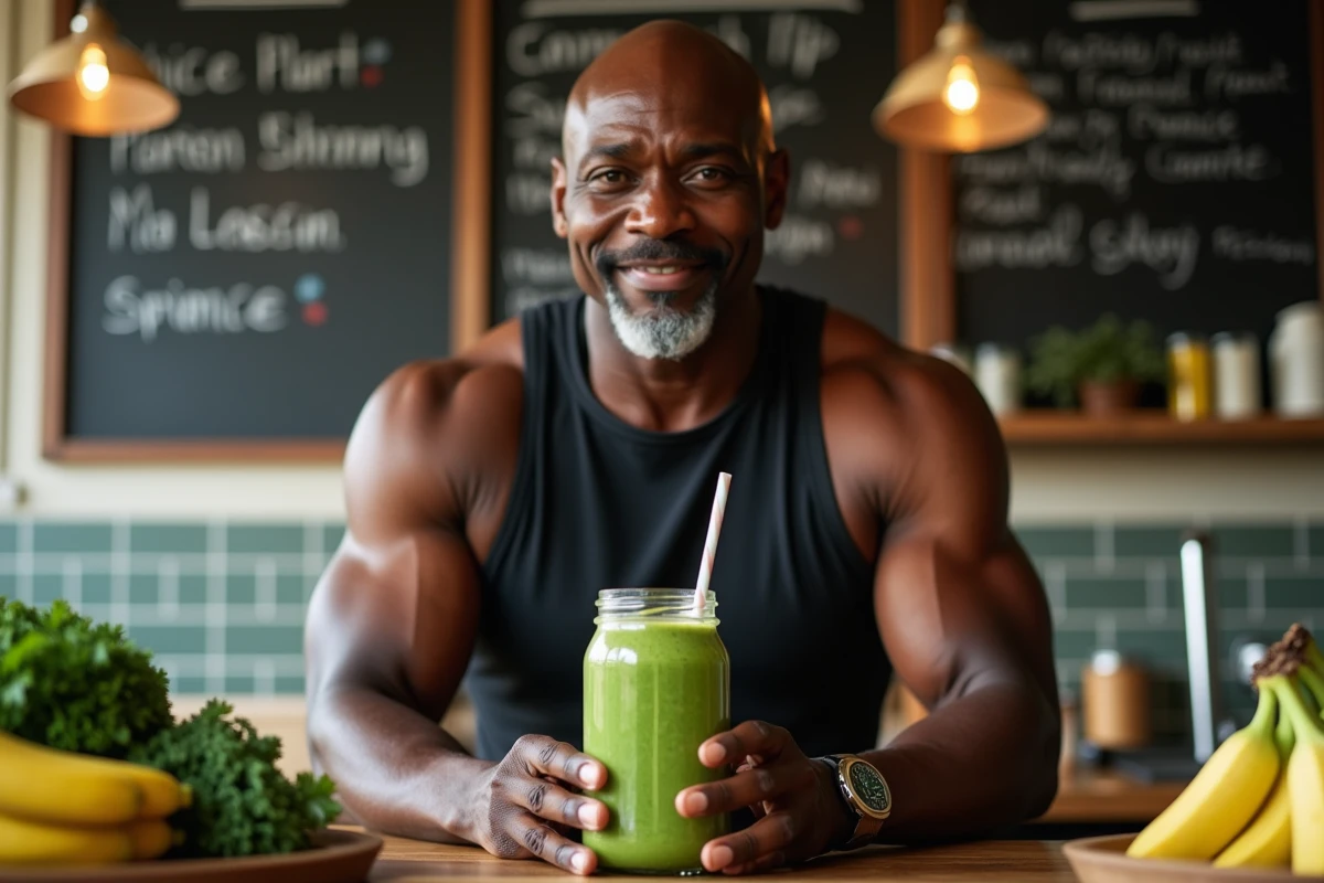 Sportif musculeux tenant un smoothie vert dans un bar à jus santé, symbolisant l'adoption d'un régime végétalien riche en nutriments par Mike Tyson