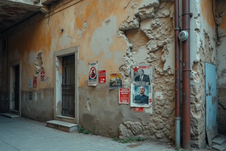 Mur urbain couvert d'affiches de propagande politique déchirées et décolorées, symbole des régimes autoritaires et des dictatures du XXe siècle