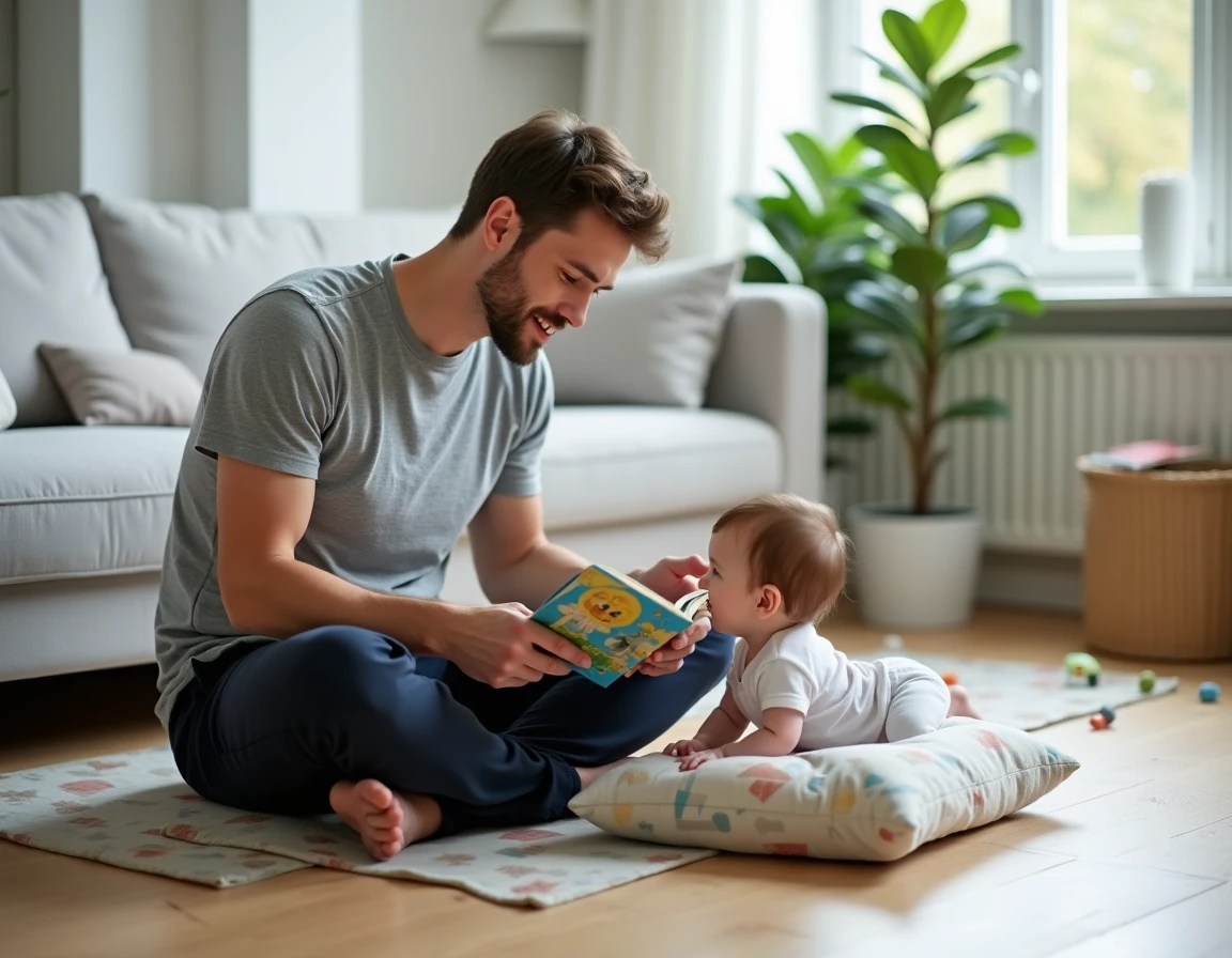 Jeune père lisant un livre illustré à son bébé assis sur un tapis de jeu dans le salon familial