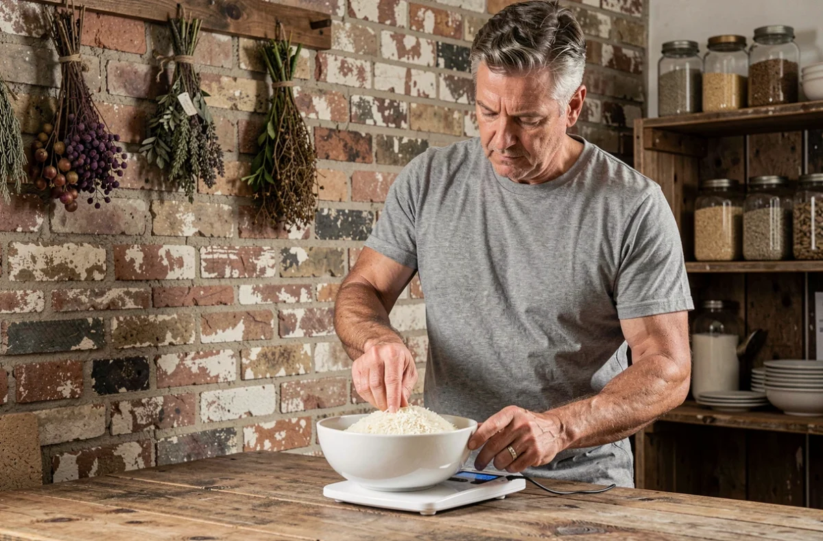 Homme pesant du riz basmati cru sur une balance de cuisine numérique dans une cuisine rustique avec mur en briques