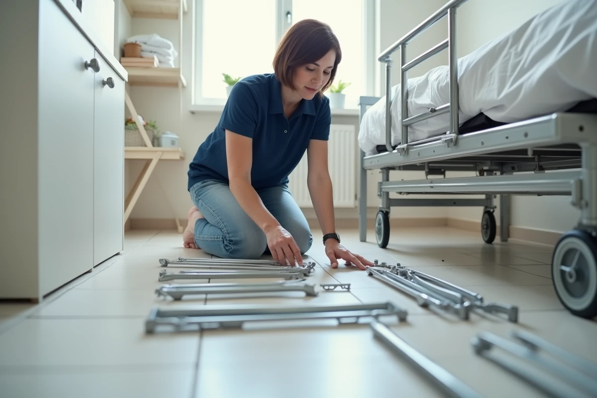 Femme organisant les pièces démontées d'un lit médicalisé sur le sol d'un couloir à domicile