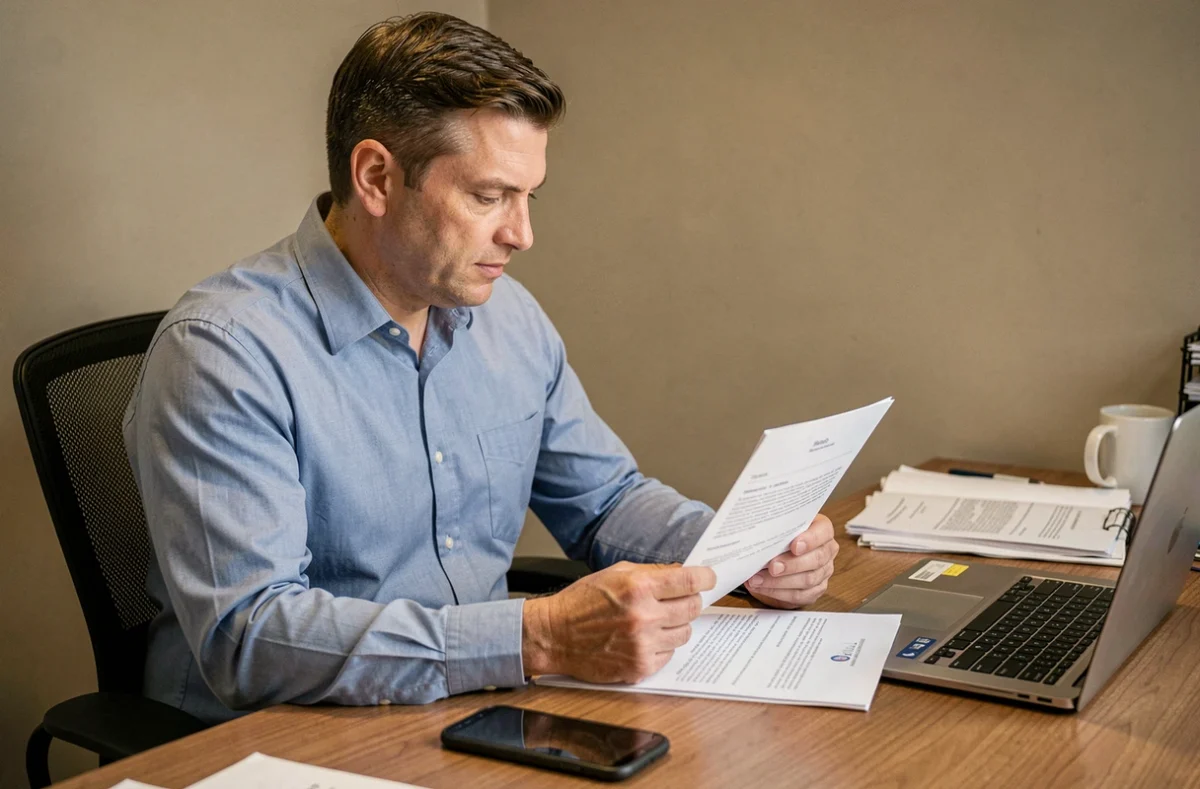 Employé consultant une politique d'entreprise sur l'utilisation du téléphone personnel en milieu de travail au Québec