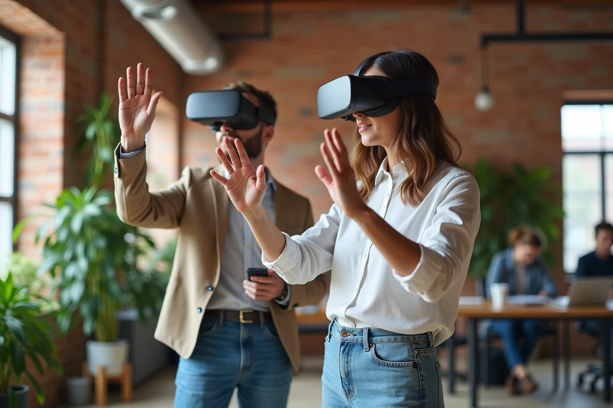 Deux professionnels portant des casques de réalité mixte dans un espace de coworking moderne, innovation tech 2024
