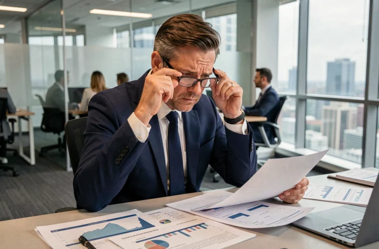 Responsable RH analysant des documents de prévoyance maladie professionnelle dans un bureau d'entreprise
