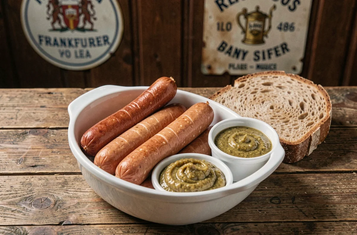 Saucisses de Francfort authentiques servies avec de la moutarde à gros grains et du pain de seigle dans une brasserie traditionnelle allemande