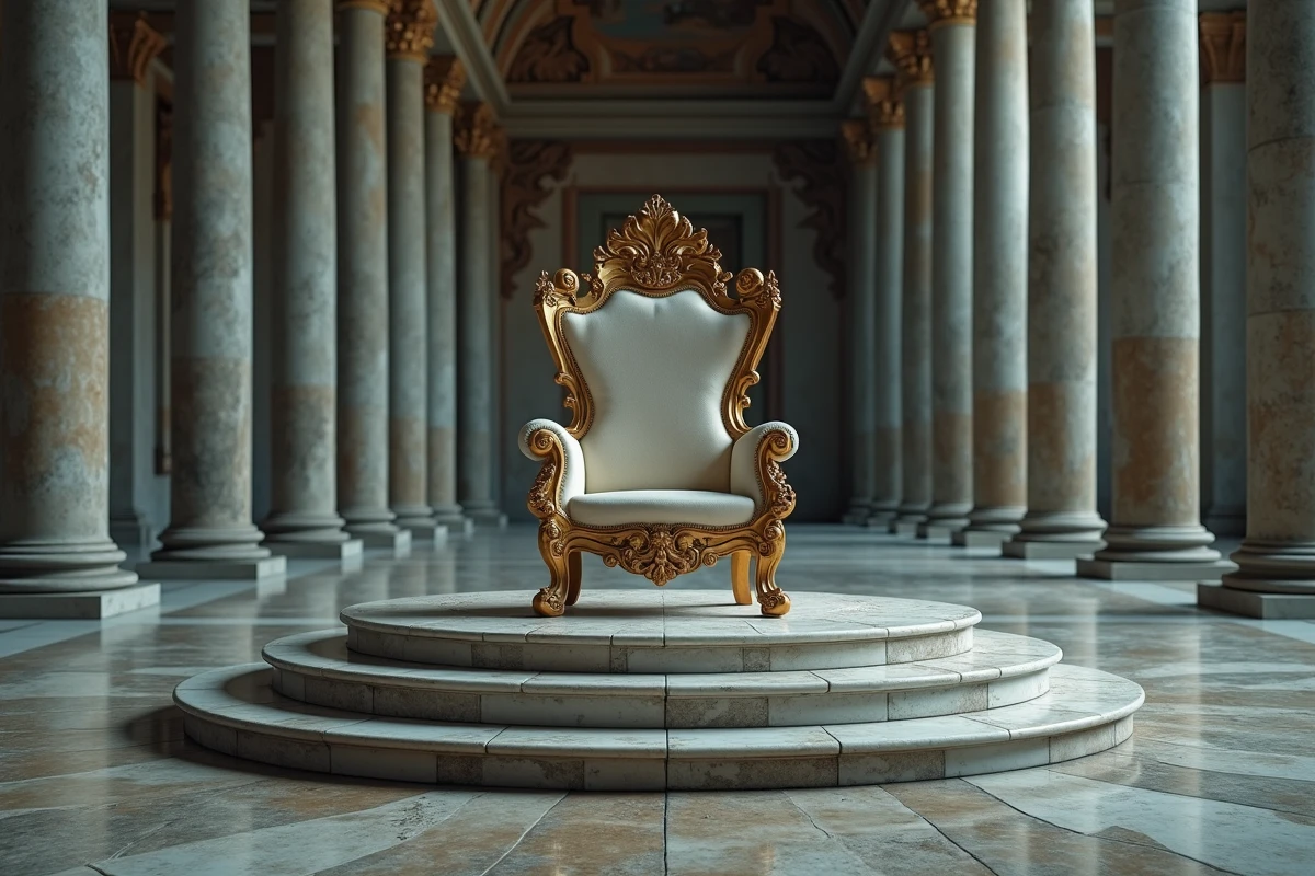 Trône abandonné dans un palais gouvernemental désaffecté, symbole du pouvoir absolu et de la chute des dictateurs